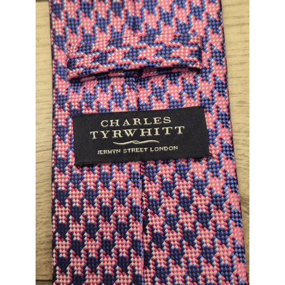 Charles Tyrwhitt Mens Metallic Pink Purple Blue Silk Houndstooth Neck Tie London